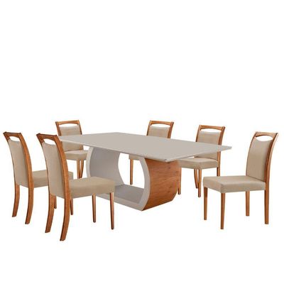 Mesa Ellis 180cm Tampo Laqueado Com Vidro Com 6 Cadeiras Munique Linho Premuim/imbuia Nat./off White
