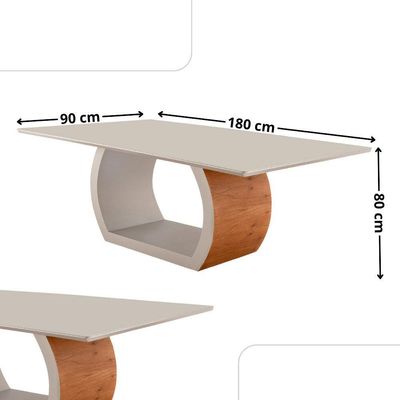 Mesa Ellis 180cm Tampo Laqueado Com Vidro Com 6 Cadeiras Munique Linho Premuim/imbuia Nat./off White
