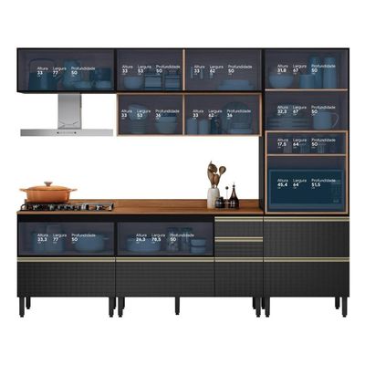 Cozinha Modulada Proença 5 Peças Com Aéreo 80cm Nogueira Touch-carbono Prime Tx - Demartêz
