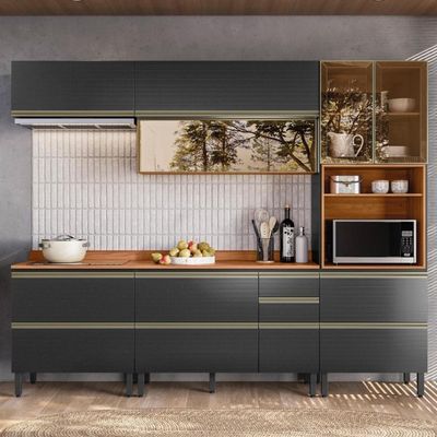 Cozinha Modulada Proença 5 Peças Com Aéreo 80cm Nogueira Touch-carbono Prime Tx - Demartêz
