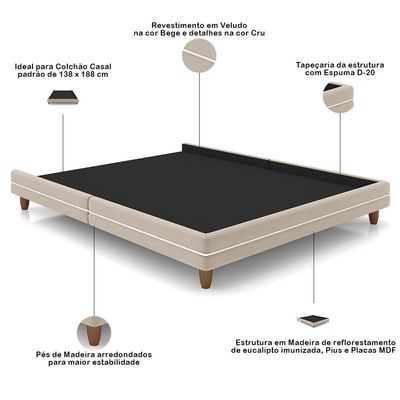 Cabeceira Casal Nilo 140cm Com Cama Pés Madeira Suném P05 Veludo Bege - Lyam Decor