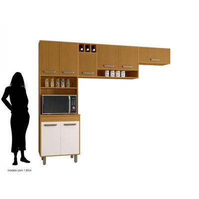 Cozinha Compacta Poliman Malta 8 Portas Paneleiro Duplo Ripado Gráfico Freijó/Off White