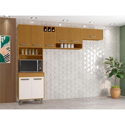 Cozinha Compacta Poliman Malta 8 Portas Paneleiro Duplo Ripado Gráfico Freijó/Off White