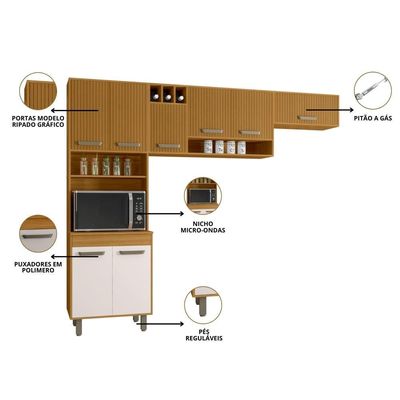 Cozinha Compacta Poliman Malta 8 Portas Paneleiro Duplo Ripado Gráfico Freijó/Off White