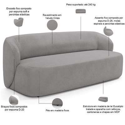 Sofá 2 Lugares 170cm Com Poltrona Giratória Orgânica Heidy F04 Veludo Cinza - Lyam Decor