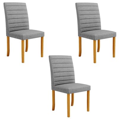 Kit 3 Cadeiras de Sala de Jantar Estofadas Veiga Madeira Maciça Linho Cinza G78 - Gran Belo