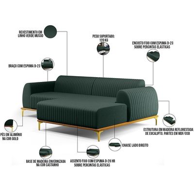 Sofá 4 Lugares Com Chaise Molino 265cm Verde Musgo C-117