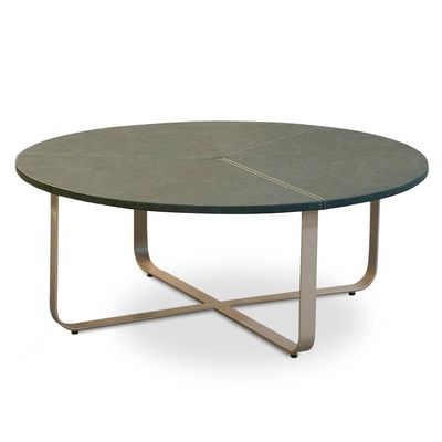 Mesa de Centro Redonda Baixa Para Sala Pés Industrial Amin L06 Couro Verde - Lyam Decor