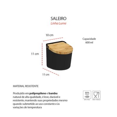 Saleiro com Tampa Bambu Preto Mesa Porta Condimentos 600ml