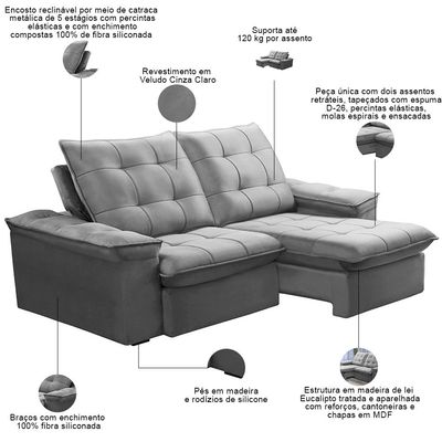 Sofá Retrátil Reclinável Para Sala 3 Lugares 230cm Nijma F04 Veludo Cinza Claro - Lyam Decor
