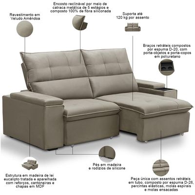 Sofá Retrátil Reclinável Para Sala 3 Lugares 210cm Niels F04 Veludo Amêndoa - Lyam Decor