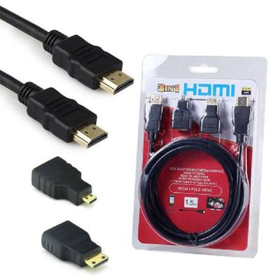 Kit HDMI 1080p 3x1 com 2 Adaptadores Pontas Micro e Mini HDMI - 1.8 Mts