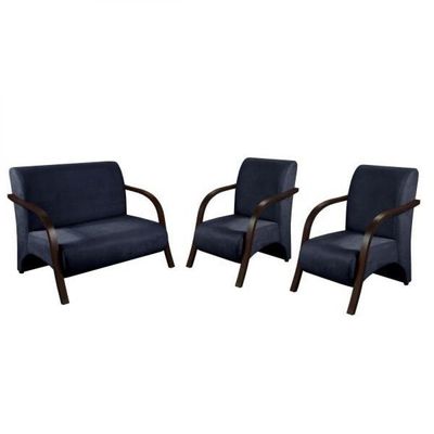 Kit 3 Peças Poltrona Braço Madeira Suede Azul Bic