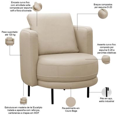 Poltrona Decorativa Orgânica Para Sala De Estar Living Belfort L06 Couro Bege - Lyam Decor