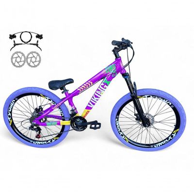 Bicicleta Aro 26 VikingX Tuff X25 Freio Hidráulico 21v Roxo-amarelo