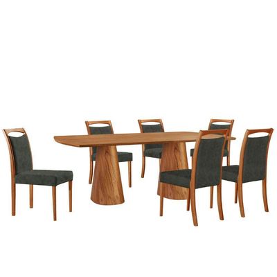 Mesa Noronha 180cm Tampo Laminado Barril Com 6 Cadeiras Livi Jade Imbuia Natural