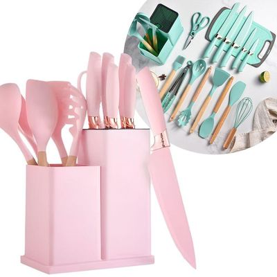 Kit 19 Utensílios De Cozinha Silicone Cabo De Madeira Faca Tábua Rosa