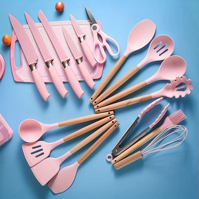 Kit 19 Utensílios De Cozinha Silicone Cabo De Madeira Faca Tábua Rosa