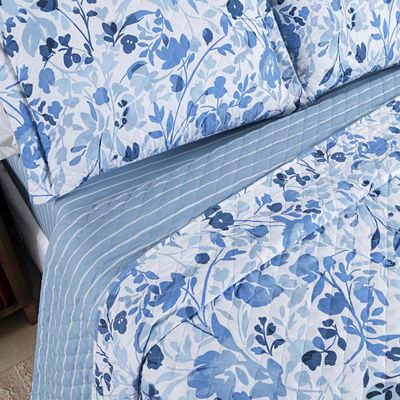Kit Cobre Leito Colcha Belle Queen Estampado Dupla Face 400 Fios 3 Peças Florido Azul
