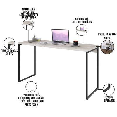 Mesa Para Escritório e Home Office Industrial Aspen 135 cm C01 Snow - Lyam Decor
