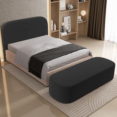 Cabeceira Cama Box King 195cm Lanna com Puff Recamier Doha W01  Bouclê Preto - Lyam Decor