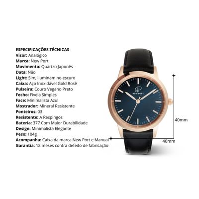 Relógio Feminino De Luxo Clássico Couro Preto New Port 40mm