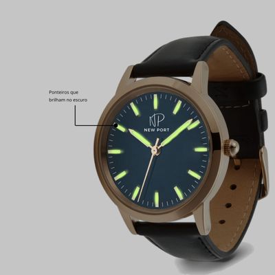 Relógio Feminino De Luxo Clássico Couro Preto New Port 40mm