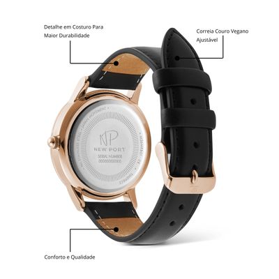 Relógio Feminino De Luxo Clássico Couro Preto New Port 40mm
