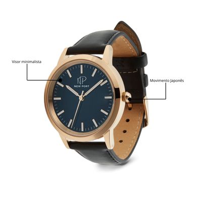 Relógio Feminino De Luxo Clássico Couro Preto New Port 40mm