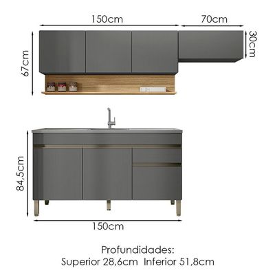 Cozinha Modulada 3 Pecas Com Balcao Pia Line Gris Cp Freijo Ktp Gris Cp Freijo