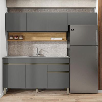 Cozinha Modulada 3 Pecas Com Balcao Pia Line Gris Cp Freijo Ktp Gris Cp Freijo