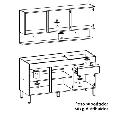 Balcao Para Pia E Armario Aereo 150 Cm Line Supremo Cp Freijo Ktp