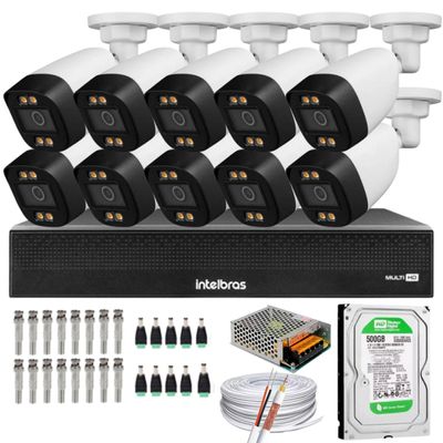 Kit 10 Câmeras Segurança FullColor Visão Noturna Colorida 1080p 2.8mm Dvr Intelbras 500gb