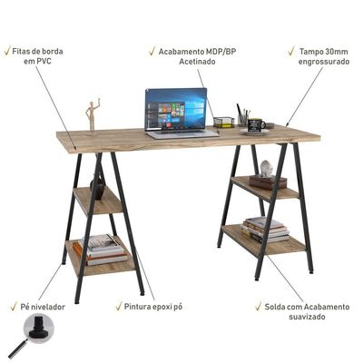 Kit Mesa Cavalete 135 cm com Estante 3 Prateleiras Estilo Industrial Form C01 Carvalho - Lyam Decor