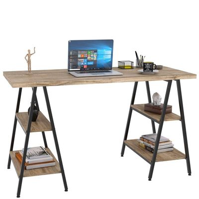 Kit Mesa Cavalete 135 cm com Estante 3 Prateleiras Estilo Industrial Form C01 Carvalho - Lyam Decor