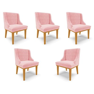Kit 5 Cadeiras Decorativas Sala de Jantar Base Fixa de Madeira Firenze Suede Rosa Bebê/Castanho G19 - Gran Belo