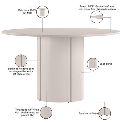 Mesa de Jantar 6 Lugares Redonda 135cm Verbena N01 Off White - Lyam Decor