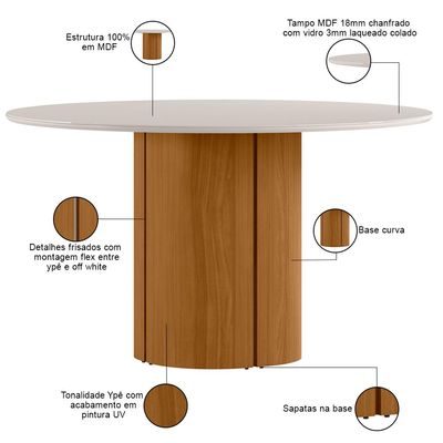 Mesa de Jantar 6 Lugares Redonda 135cm Verbena N01 Ypê Off White - Lyam Decor