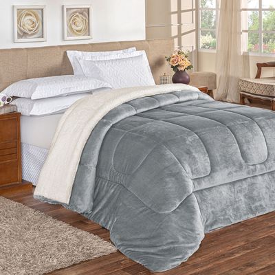 Coberdrom Apollo King Sherpa Pele de Carneiro + Manta Flannel 1 Peça - Cinza