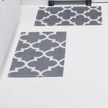 Kit Passadeira Tapete Cozinha 3 Peças Jacquard Base Antiderrapante - Medalhão Cinza