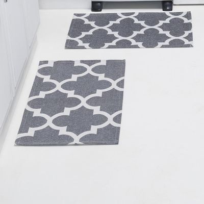 Kit Passadeira Tapete Cozinha 3 Peças Jacquard Base Antiderrapante - Medalhão Cinza