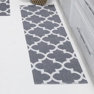 Kit Passadeira Tapete Cozinha 3 Peças Jacquard Base Antiderrapante - Medalhão Cinza