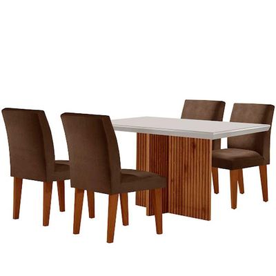 Sala De Jantar Mesa Olimpia Vidro Canto Reto Com 4 Cadeiras Marrom/off White/imbuia Ripado