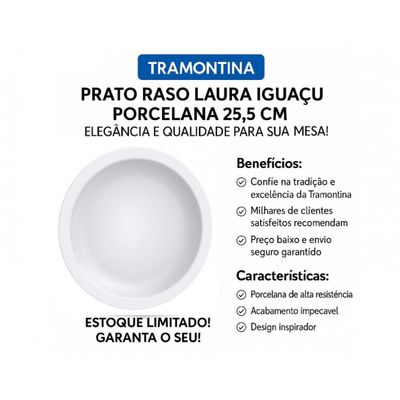 Jogo 20 Pratos Raso Jantar Laura Iguaçu Porcelana 25,5 cm Tramontina