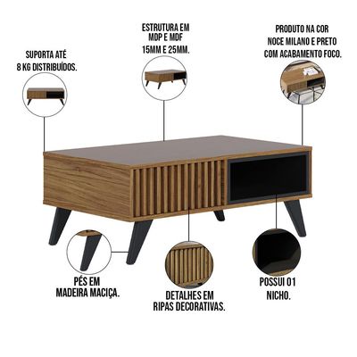 Mesa De Centro Para Sala De Estar 01 Nicho Delta C04 Preto Fosco Noce Milano - Lyam Decor
