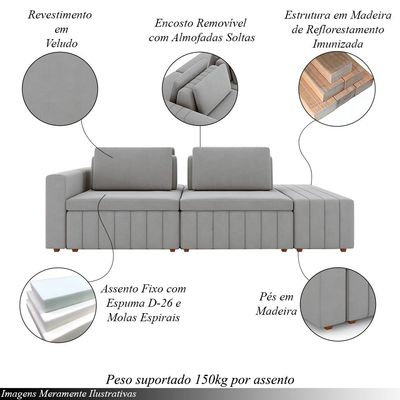Sofá Ilha com Encosto e Almofadas Móveis Olimpo 245cm Modulado Veludo Cinza G45 - Gran Belo