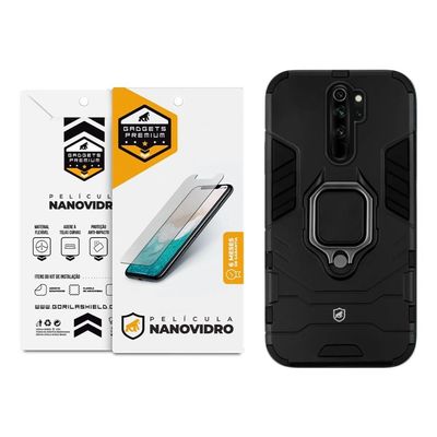 Kit Capa Defender Black e Pelicula Nano Vidro para Xiaomi Redmi Note 8 pro - Gshield