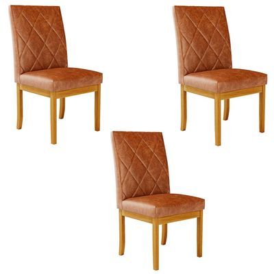 Kit 3 Cadeiras de Sala de Jantar Estofadas Gomes Madeira Maciça PU Marrom G78 - Gran Belo