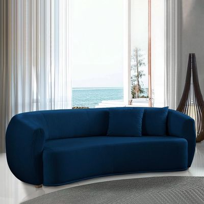Sofá Decorativo Sala de Estar Curvo Esther 3 Lugares 210cm com Almofadas Linho Azul Marinho