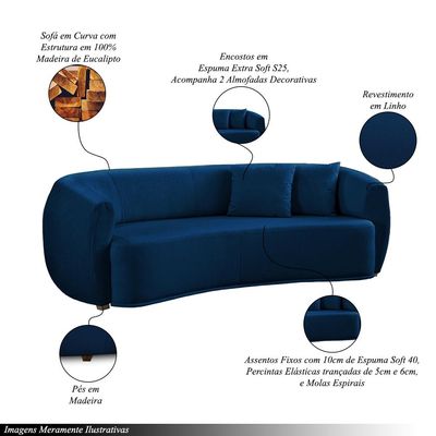 Sofá Decorativo Sala de Estar Curvo Esther 3 Lugares 210cm com Almofadas Linho Azul Marinho
